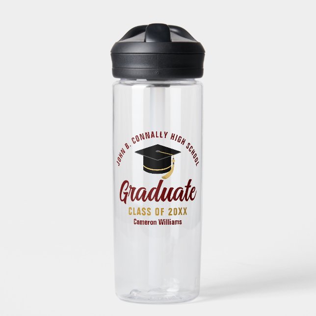 Maroon Gold Graduate Personalised 2025 Graduation Water Bottle (Front)