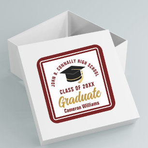 Maroon Gold Graduate Personalised Graduation Party Square Sticker
