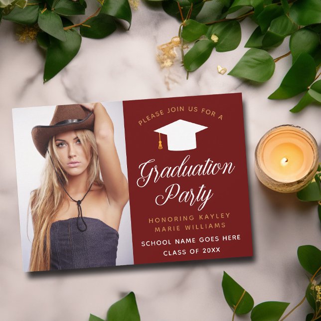 Maroon Gold Graduate Photo 2024 Graduation Party Invitation (Creator Uploaded)