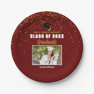 Maroon Gold Graduate Photo 2024 Graduation Party Paper Plate