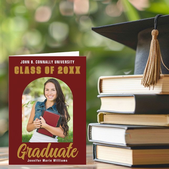 Maroon Gold Graduate Photo Arch Folded Graduation Announcement (Creator Uploaded)