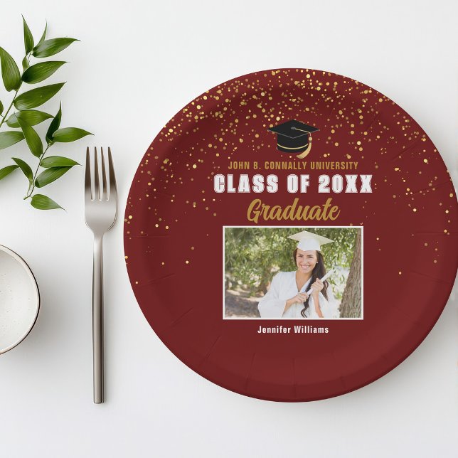 Maroon Gold Graduate Photo Chic Graduation Party Paper Plate (Creator Uploaded)