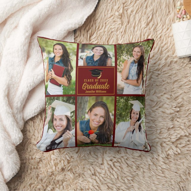 Maroon Gold Graduate Photo Collage Graduation Cushion (Blanket)