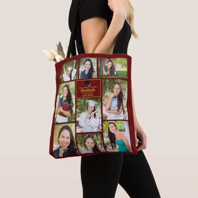 Maroon Gold Graduate Photo Collage Graduation Gift Tote Bag (Close Up)