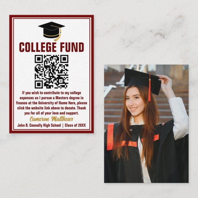 Maroon Gold Graduate Photo College Fund Enclosure Card (Front/Back)