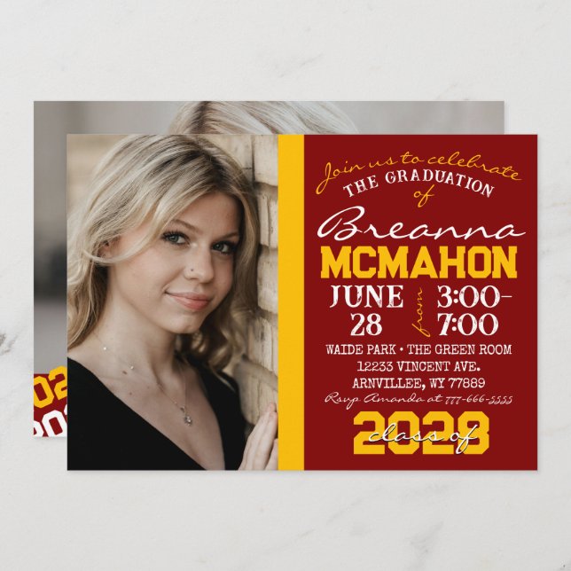 Maroon & Gold Graduation 2 Photo Invitation (Front/Back)