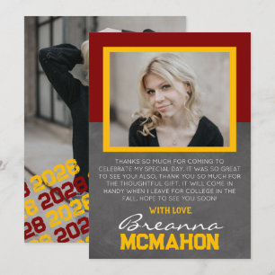 Maroon & Gold Graduation 2 Photo Thank You Card