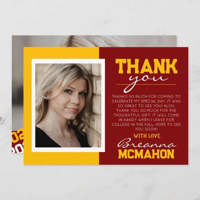 Maroon & Gold Graduation 2 Photo Thank You Card (Front/Back)