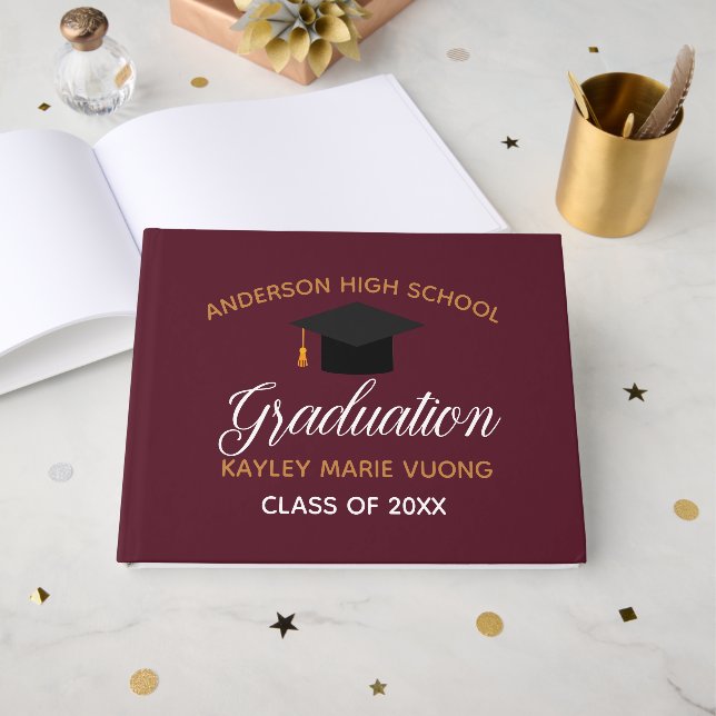 Maroon Gold Graduation Autograph Keepsake 2025 Guest Book (Front Open)