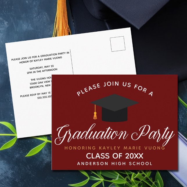 Maroon Gold Graduation Class of 2024 Custom Party Postcard (Creator Uploaded)