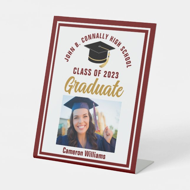 Maroon Gold Graduation Custom 2023 Graduate Photo Pedestal Sign (Front)