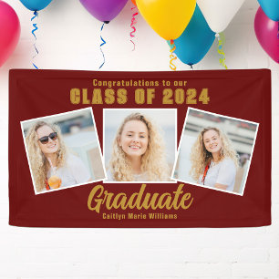 Maroon Gold Graduation Party Chic Photo Collage Banner