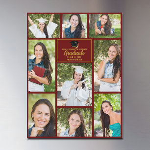 Maroon Gold Graduation Photo Collage Magnet Card
