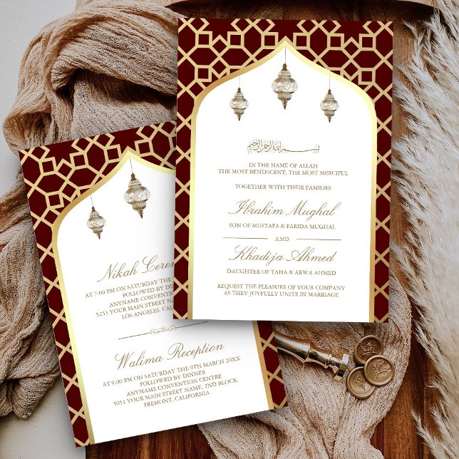Maroon Gold Hanging Lanterns Muslim Wedding Invitation (Creator Uploaded)