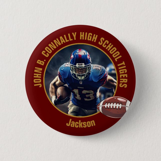 Maroon Gold High School Football Player Photo 6 Cm Round Badge (Front)