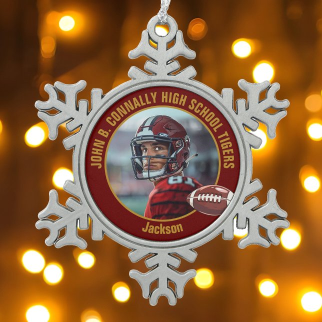 Maroon Gold High School Football Player Photo Snowflake Pewter Christmas Ornament (Creator Uploaded)