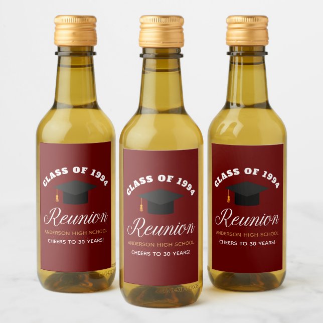 Maroon Gold High School Reunion Party Custom Mini Wine Label (Bottles)