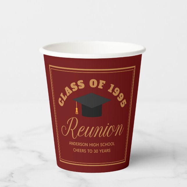 Maroon Gold High School Reunion Personalised Party Paper Cups (Front)