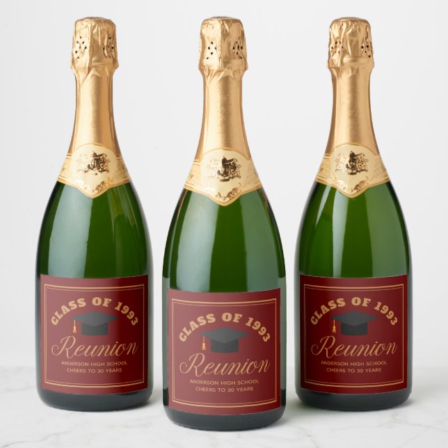 Maroon Gold High School Reunion Personalised Party Sparkling Wine Label (Bottles)