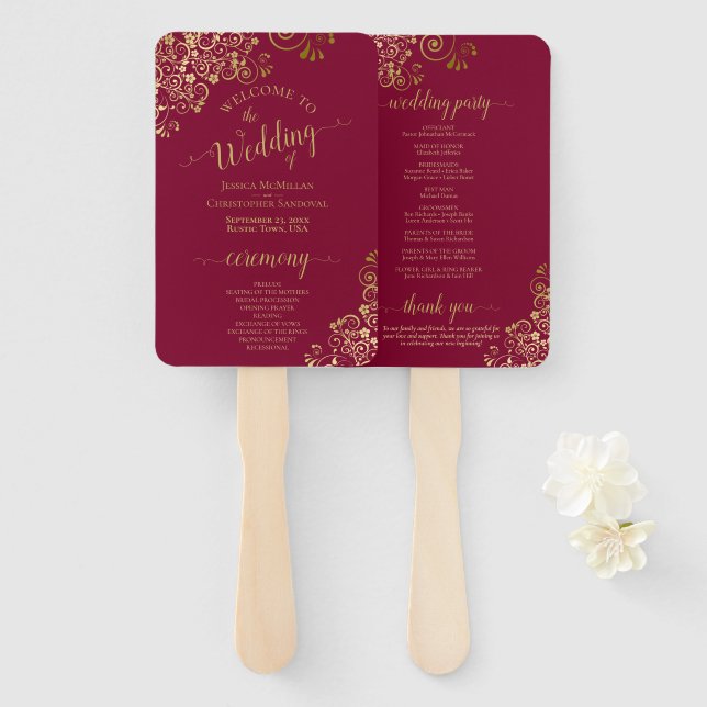 Maroon & Gold Lace Elegant Wedding Program Hand Fan (Front and Back)