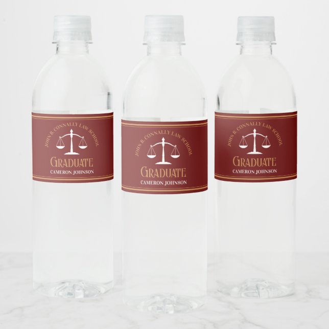 Maroon Gold Law School Custom Graduation Party Water Bottle Label (Bottles)