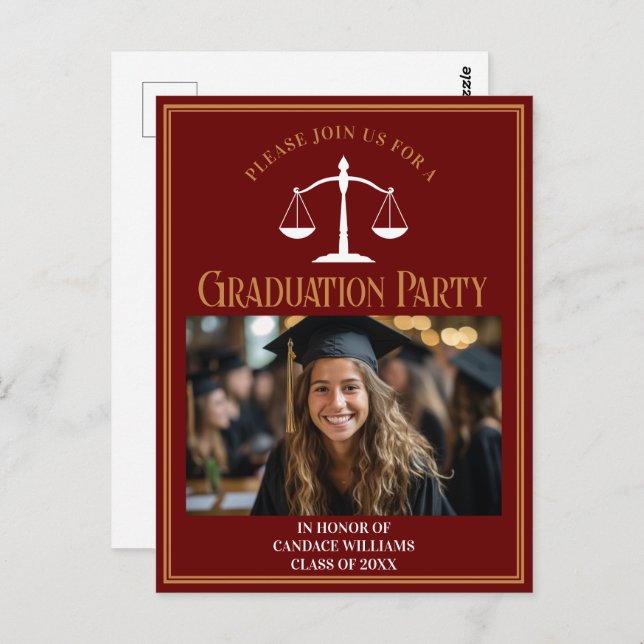 Maroon Gold Law School Graduation Party Invitation Postcard (Front/Back)