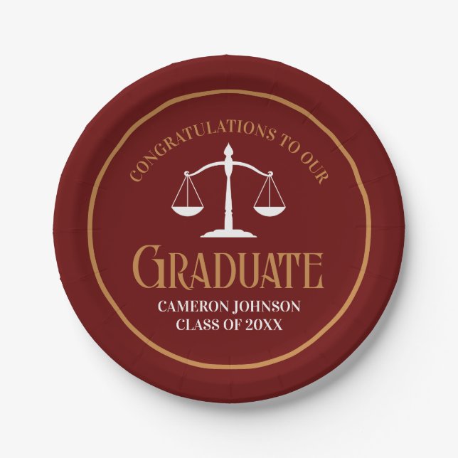 Maroon Gold Law School Graduation Party Paper Plate (Front)