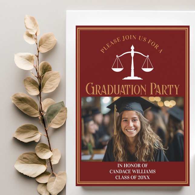Maroon Gold Law School Graduation Photo Party Invitation (Creator Uploaded)