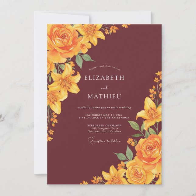 Maroon Gold Lily Wedding Invitation (Front)