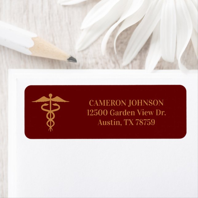 Maroon Gold Medical Caduceus Doctor Return Address Label (Insitu)