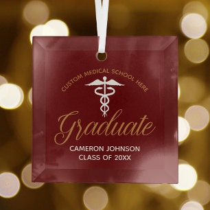 Maroon Gold Medical School Graduation Gift Glass Tree Decoration