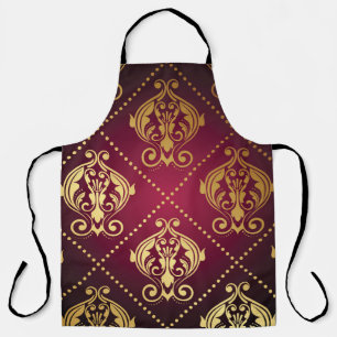 Maroon Gold Ornament Vintage Wallpaper Apron