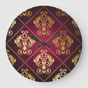 Maroon Gold Ornament Vintage Wallpaper Large Clock