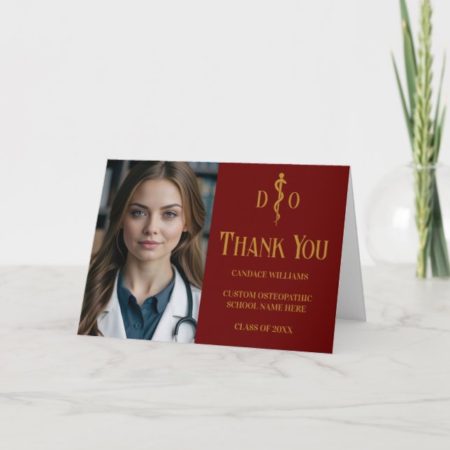 Maroon Gold Osteopathic Doctor Photo Thank You Card (Front)