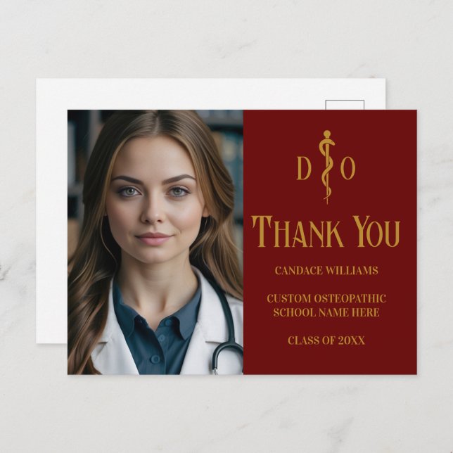 Maroon Gold Osteopathic Doctor Photo Thank You Postcard (Front/Back)