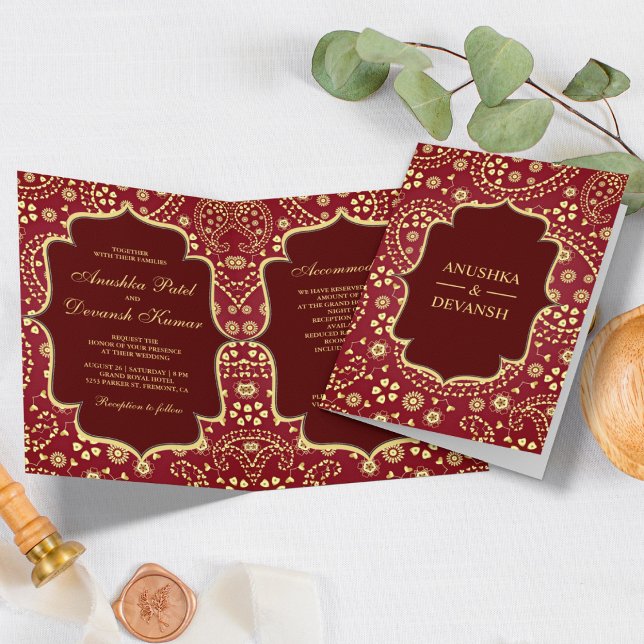 Maroon Gold Paisley Bollywood Style Indian Wedding Invitation (Creator Uploaded)