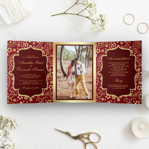Maroon Gold Paisley Bollywood Style Indian Wedding Tri-Fold Invitation