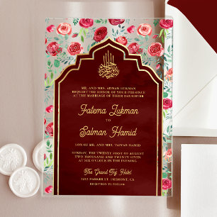Maroon Gold Red Roses Floral Muslim Wedding Acrylic Invitations
