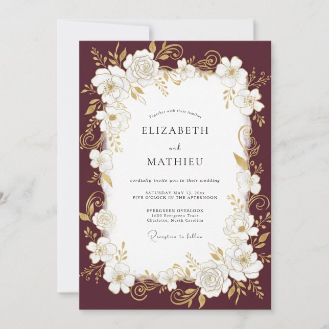 Maroon Gold Rose Wedding Invitation (Front)