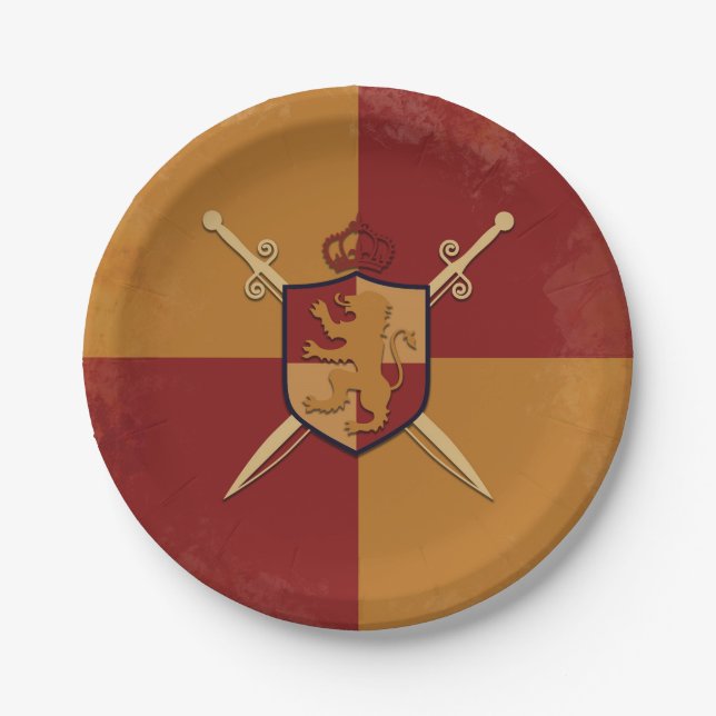 Maroon & Gold Royal Knight Griffin Shield Party Paper Plate (Front)