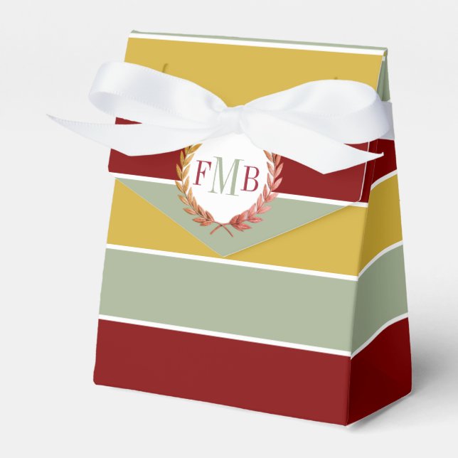 Maroon, gold sage stripes and initials wedding favour box (Front Side)