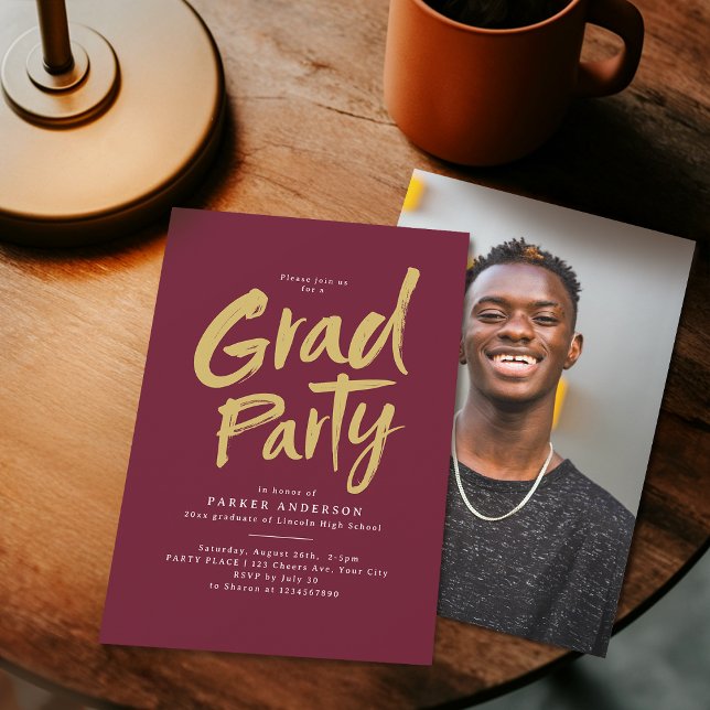 Maroon Gold Simple Modern Brush Script Grad Party Invitation (Maroon Gold Simple Modern Brush Script Grad Party Invitation)