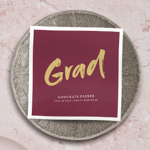 Maroon Gold Simple Modern Brush Script Graduation Napkin