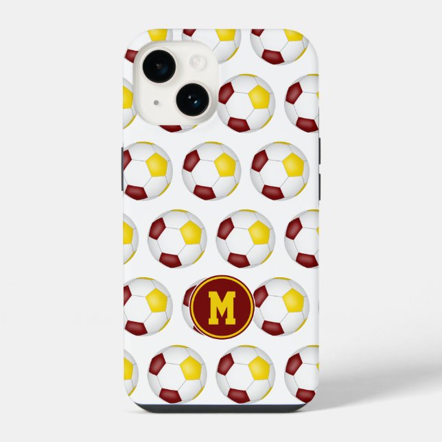 maroon gold soccer balls pattern monogrammed iPhone case (Back)