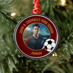 Maroon Gold Soccer Player Photo Christmas Metal Ornament
