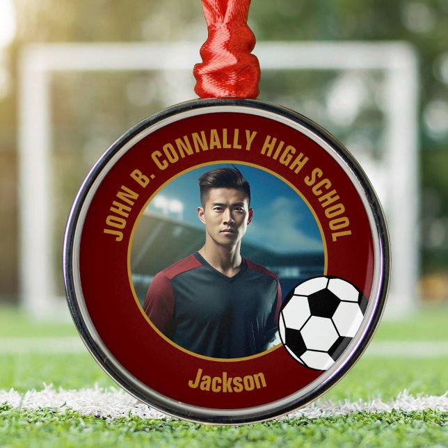 Maroon Gold Soccer Player Photo Christmas Metal Ornament (Creator Uploaded)