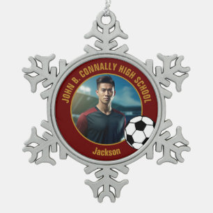 Maroon Gold Soccer Player Photo High School Snowflake Pewter Christmas Ornament