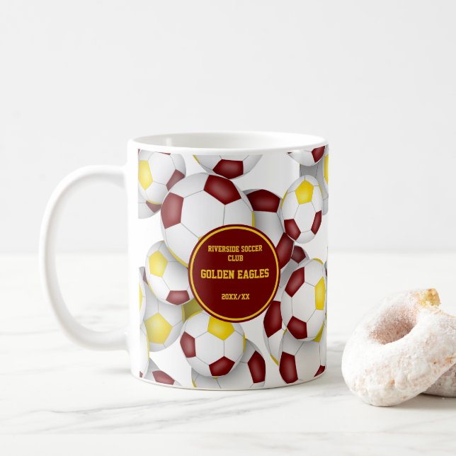Maroon gold soccer team colours coach name coffee mug (With Donut)