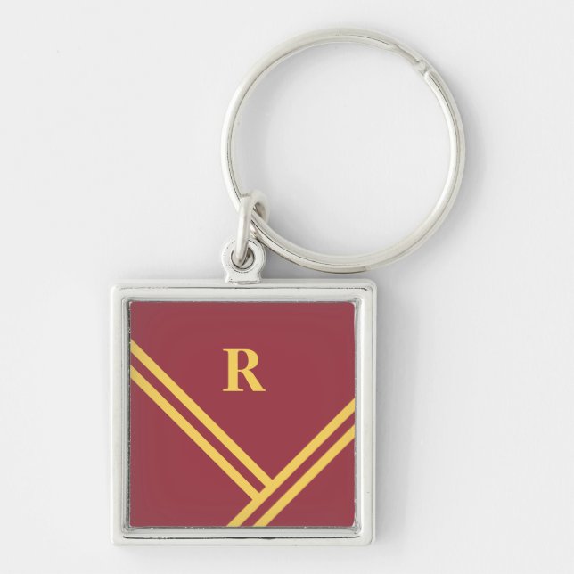 Maroon Gold Stripes Trending Colours Monogram Key Ring (Front)