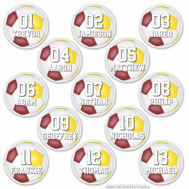 maroon gold team colors stickers 13 soccer players (Front)